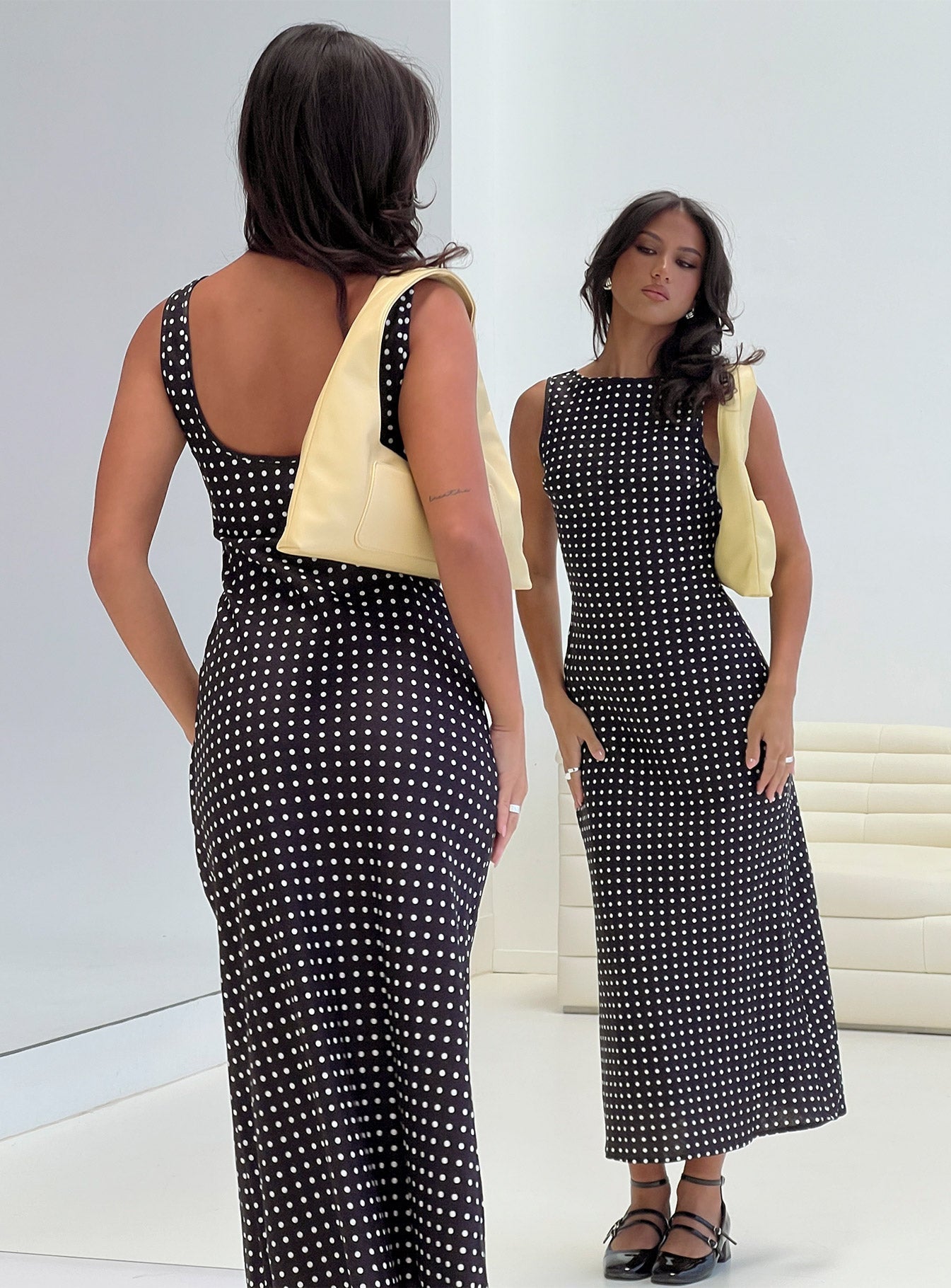 Diane | Polka Dot Boat Neck Sleeveless Fitted Midi Dress