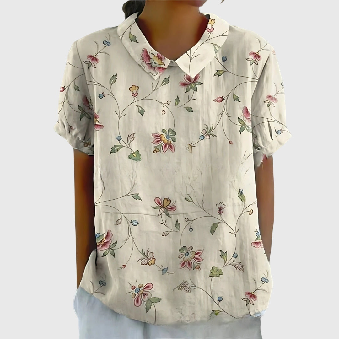 Jenna | Floral Print Collared Short Sleeve Relaxed Linen Blouse