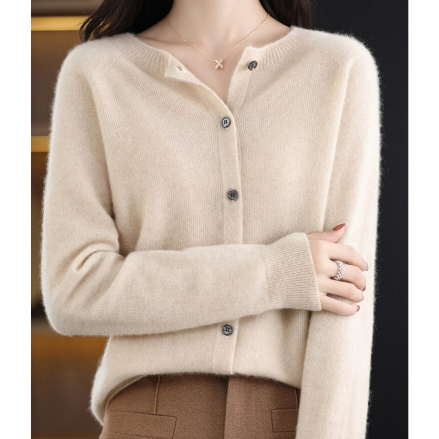 Marnie | Women's Merino Wool Blend O-Neck Button-Front Knit Cardigan