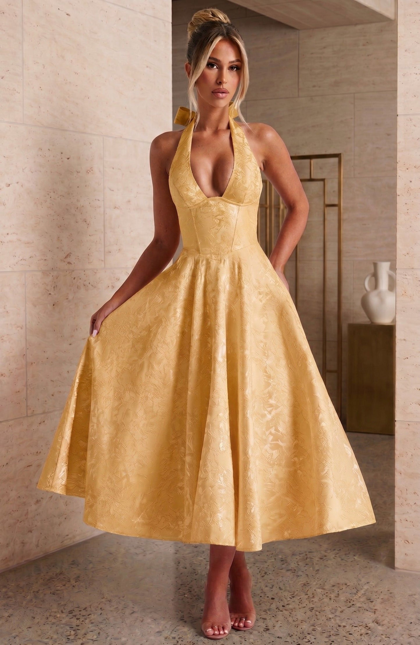 Hailey | Deep V Halter Neck Corset Bodice Jacquard A-Line Midi Wedding Guest Dress