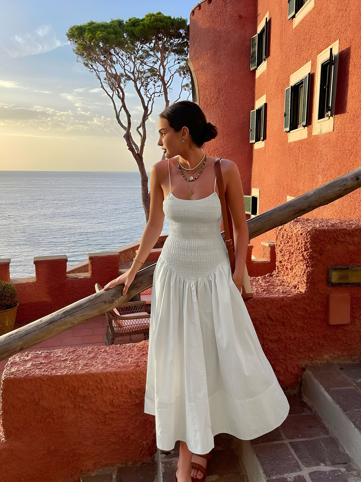 Jade | Shirred Bodice Spaghetti Strap Cotton Midi Dress