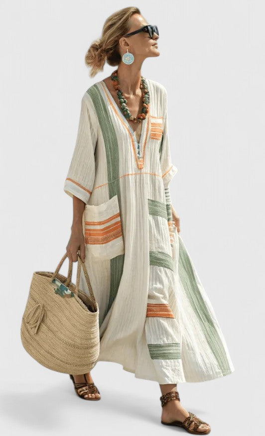 Savannah | Women's Boho Maxi Dress Linen Blend V Neck Stripe Kaftan