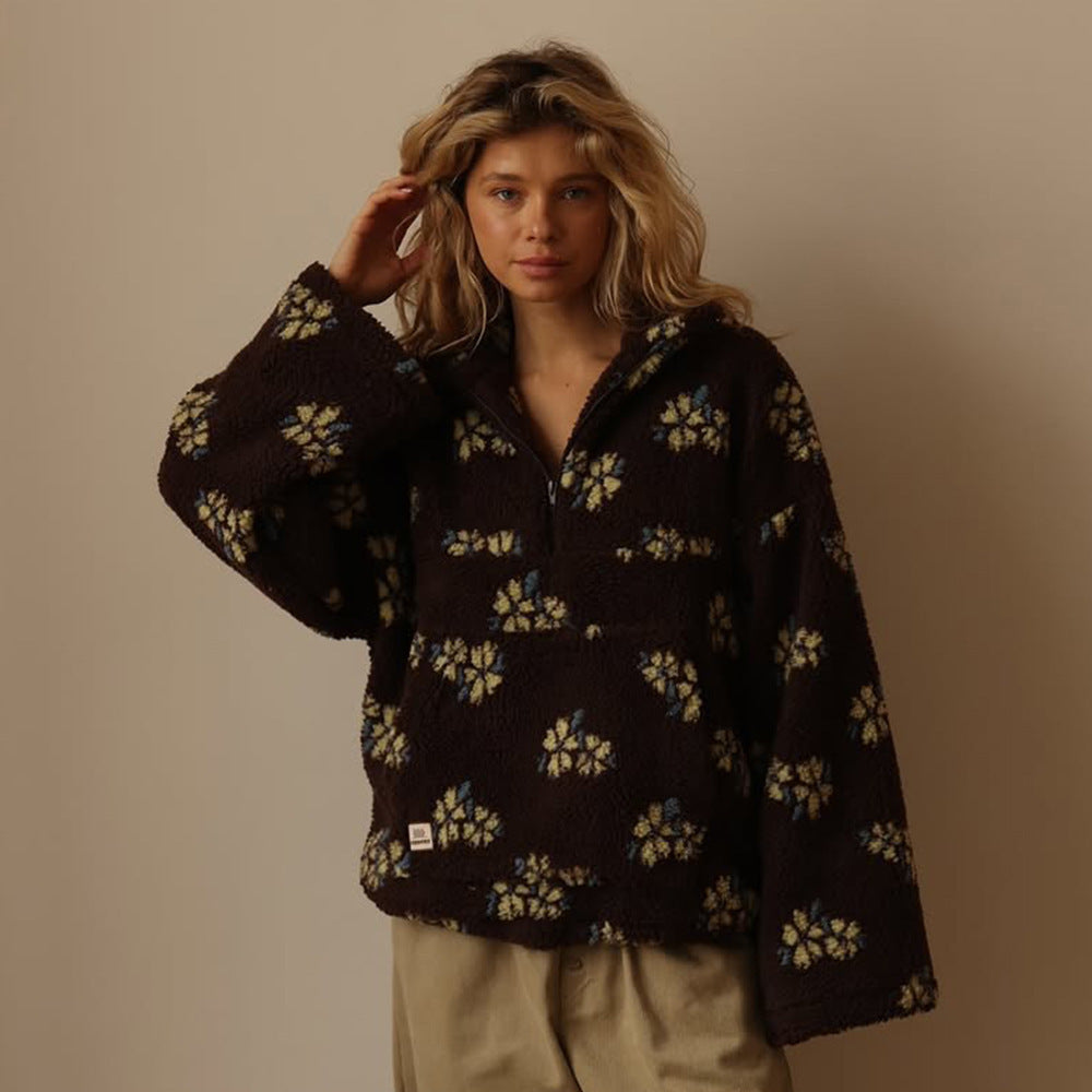 Fenwick | Women's Oversized Floral Teddy Fleece Half Zip Jacket