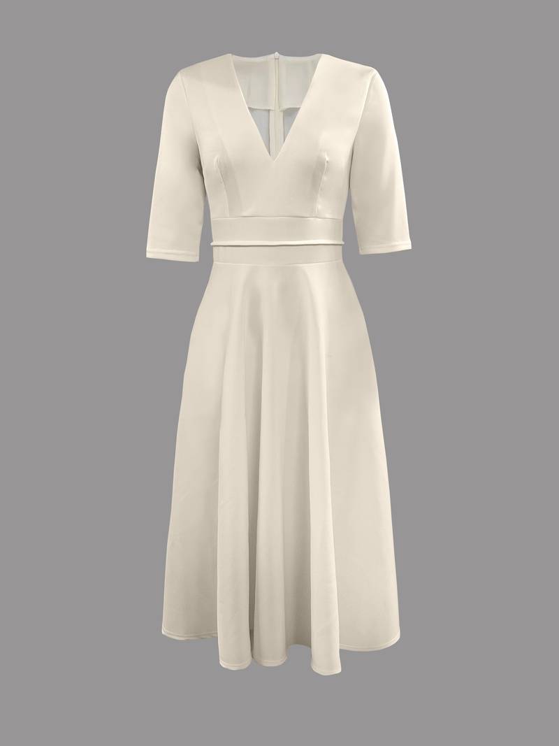 Ella | Deep V Neck 3/4 Sleeve Flared A-Line Midi Wedding Guest Dress