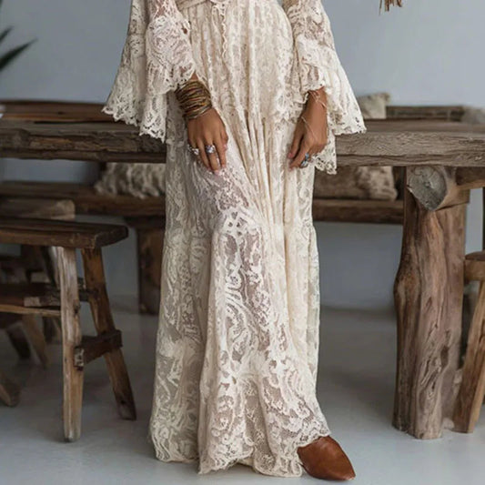 Ivory | Deep V Neck Lace Flare Sleeve Boho Maxi Dress