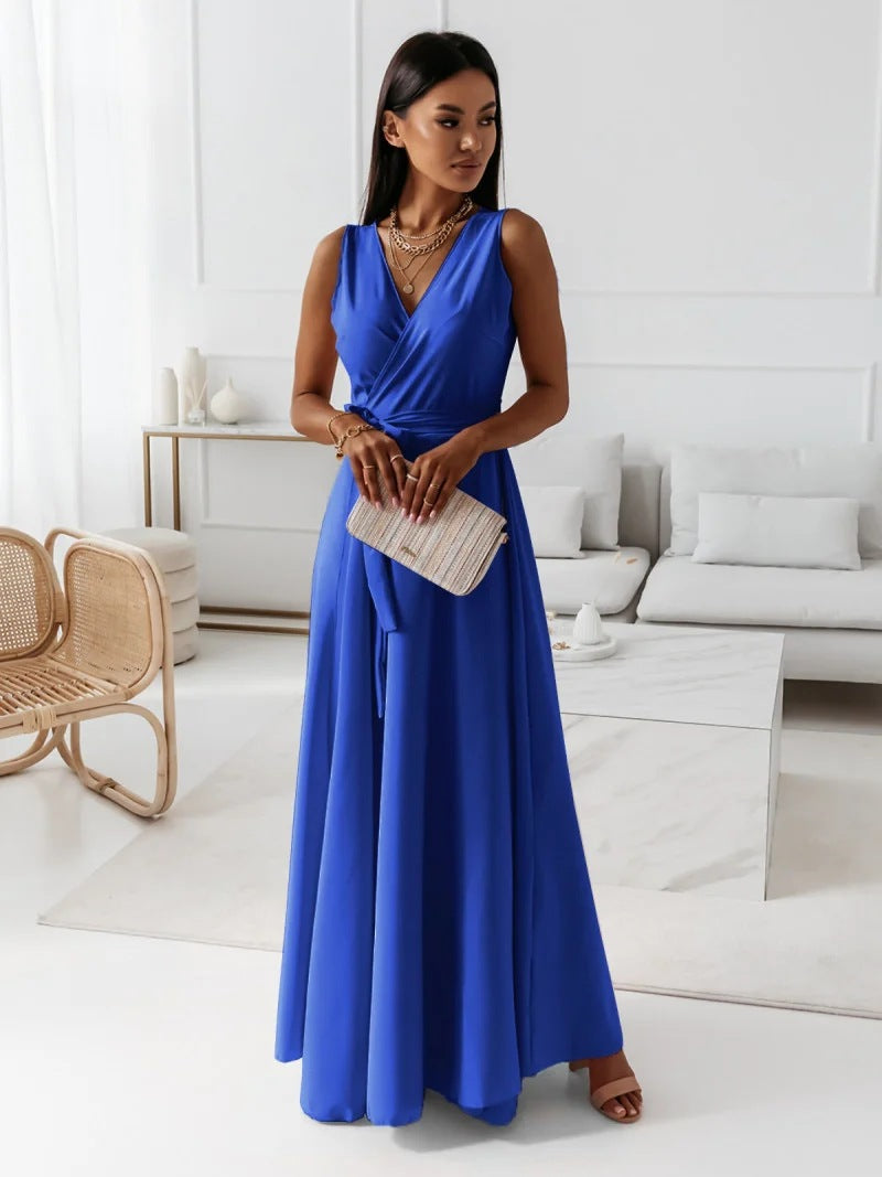 Hailey | Sleeveless Wrap V Neck Tie Waist Flowing Maxi Wedding Guest Dress