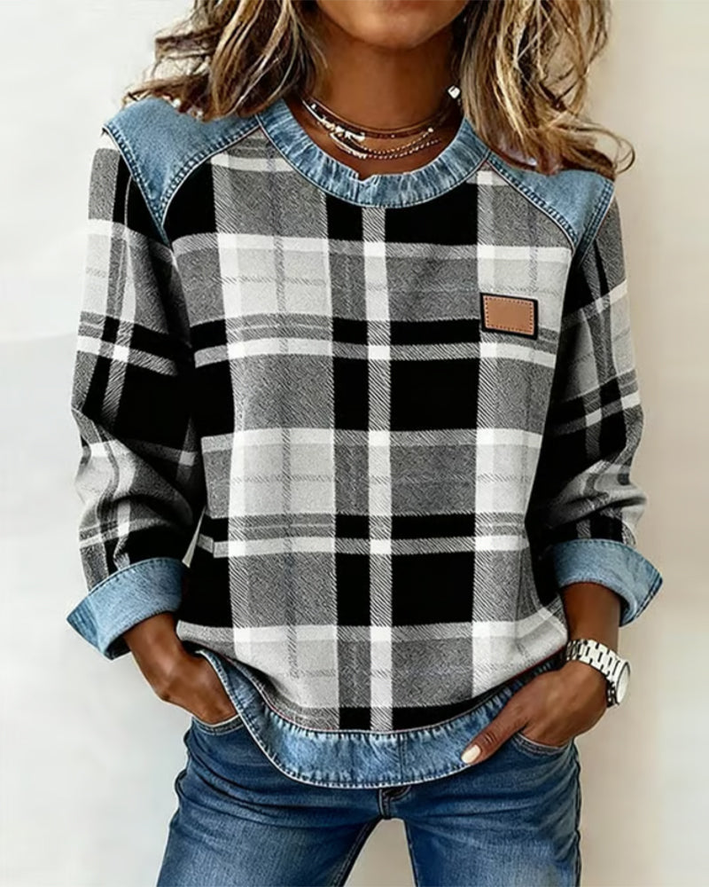 Wrenlyn | Women's Check Print Raglan Denim Trim Long Sleeve Top
