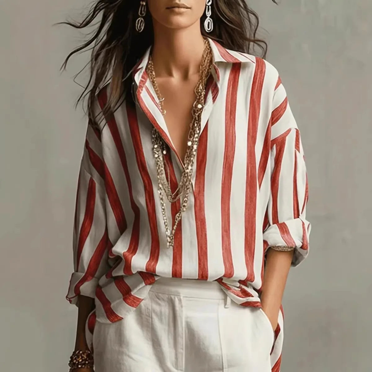 Amaris | Striped Lapel Collar Long Sleeve Oversized Linen Blend Blouse