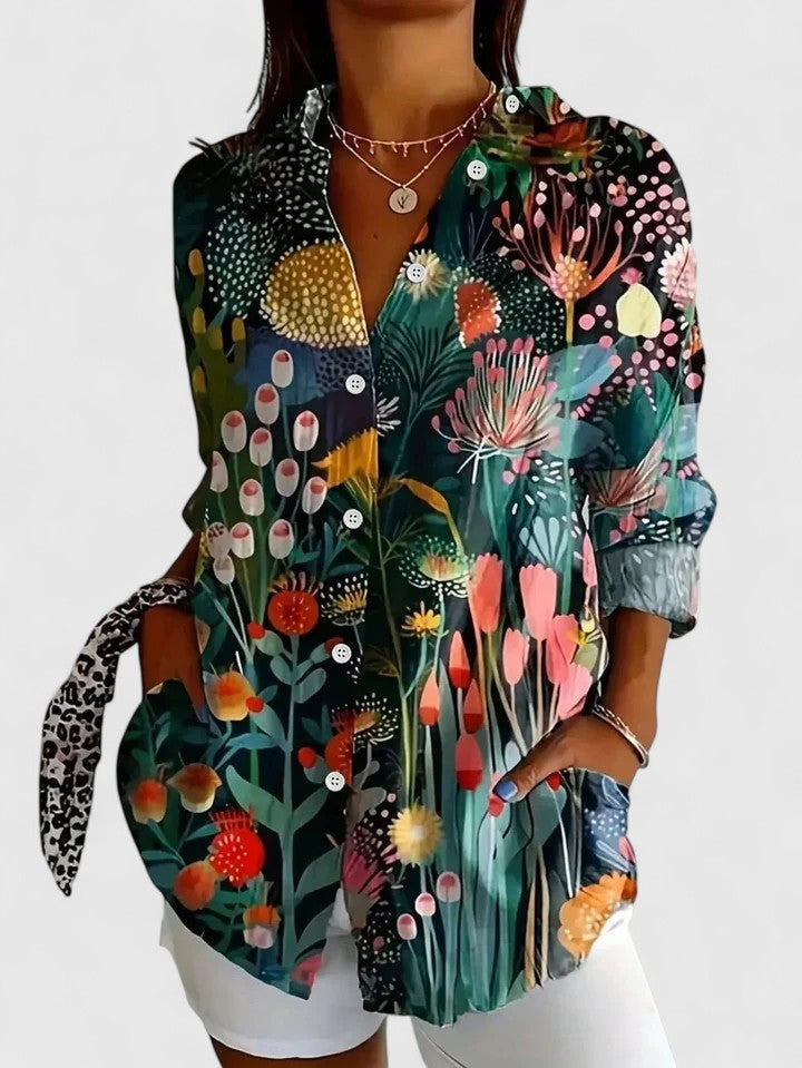 Anica | Floral Print Collared Button Down Long Sleeve Casual Blouse