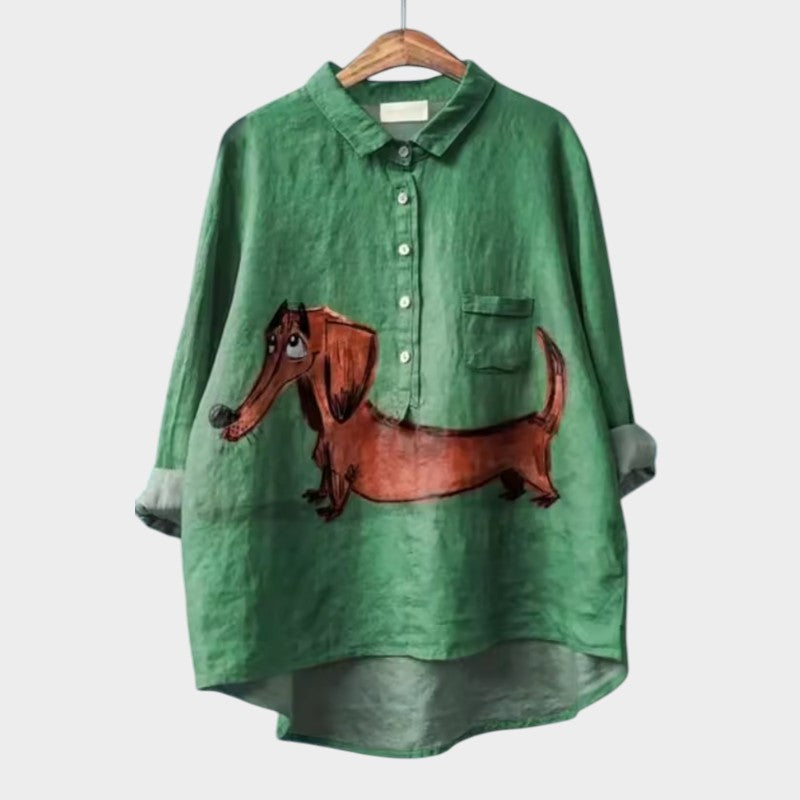 Milla | Dog Print Collared Button Down Long Sleeve Casual Blouse