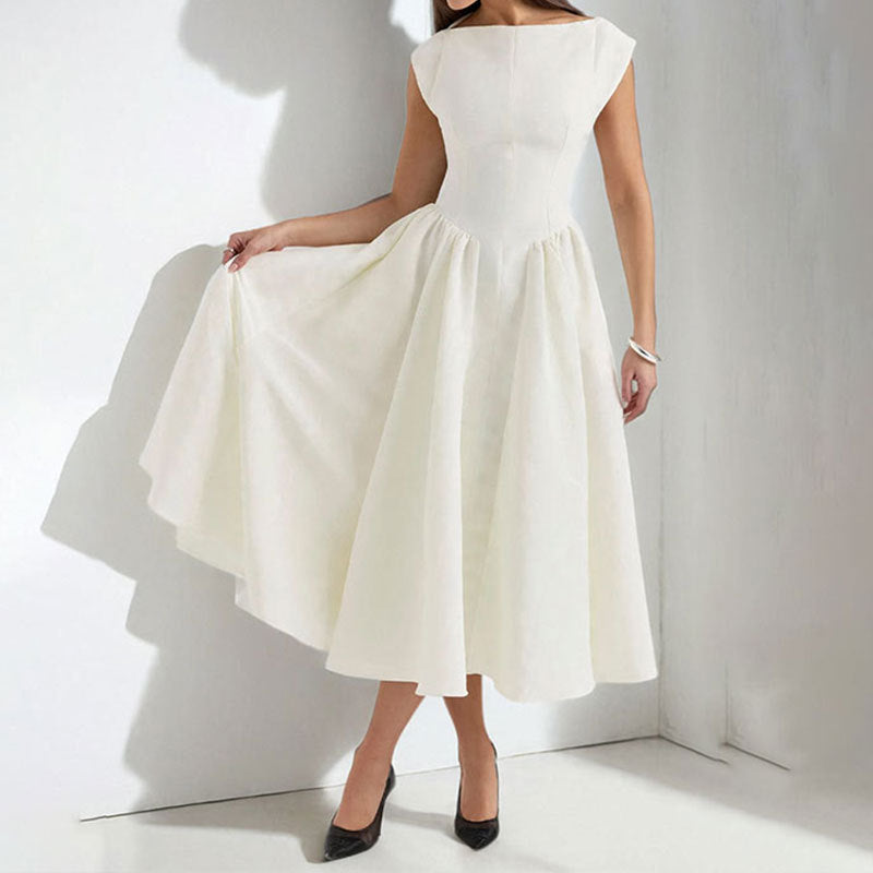 Vivienne | Boat Neck Cap Sleeve Pleated Full Skirt Elegant Midi Dress