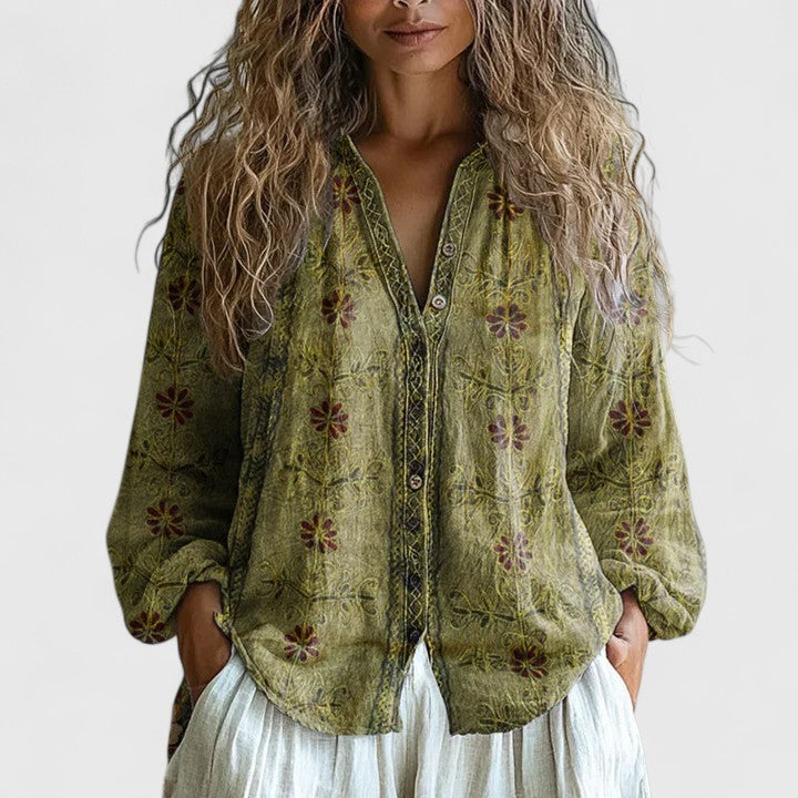 Mykayla | Printed V Neck Long Sleeve Contrast Trim Boho Blouse