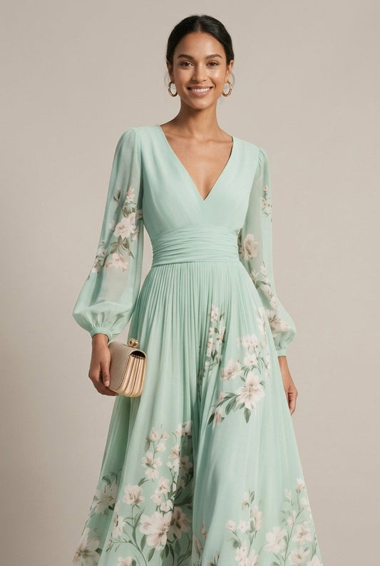 Celeste | Floral Bishop Sleeve V Neck Chiffon Maxi Wedding Guest Dress