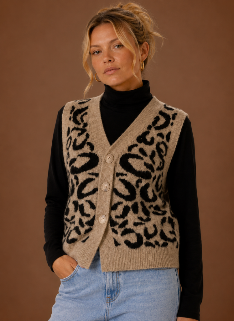 Wexana | Women's Leopard Print V-Neck Button Front Sweater Vest