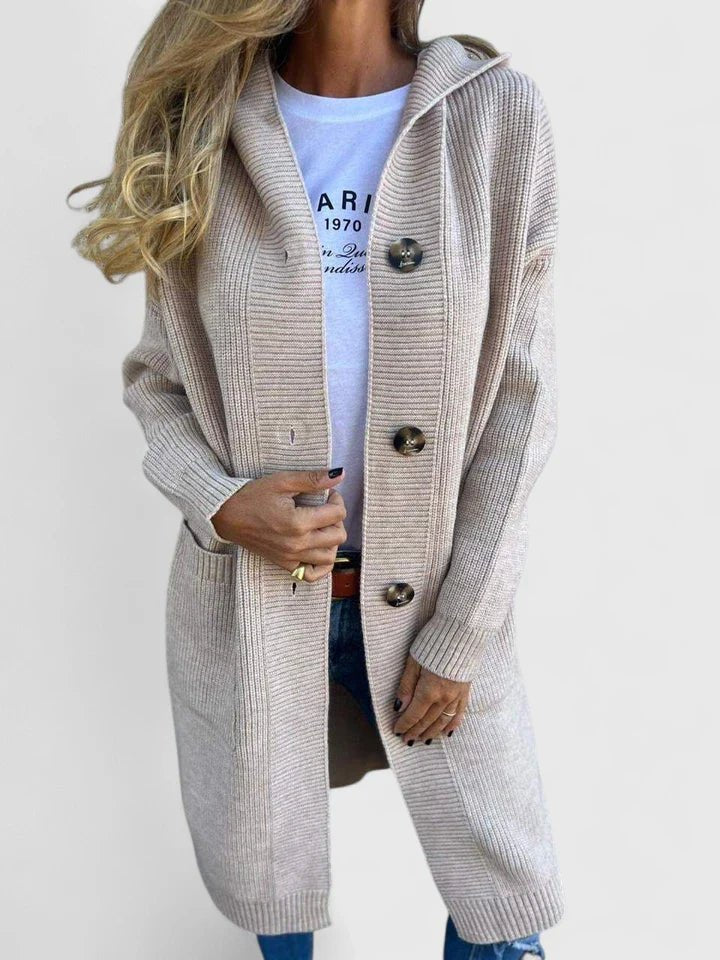 Elowena | Women's Longline Hooded Button Front Chunky Knit Cardigan