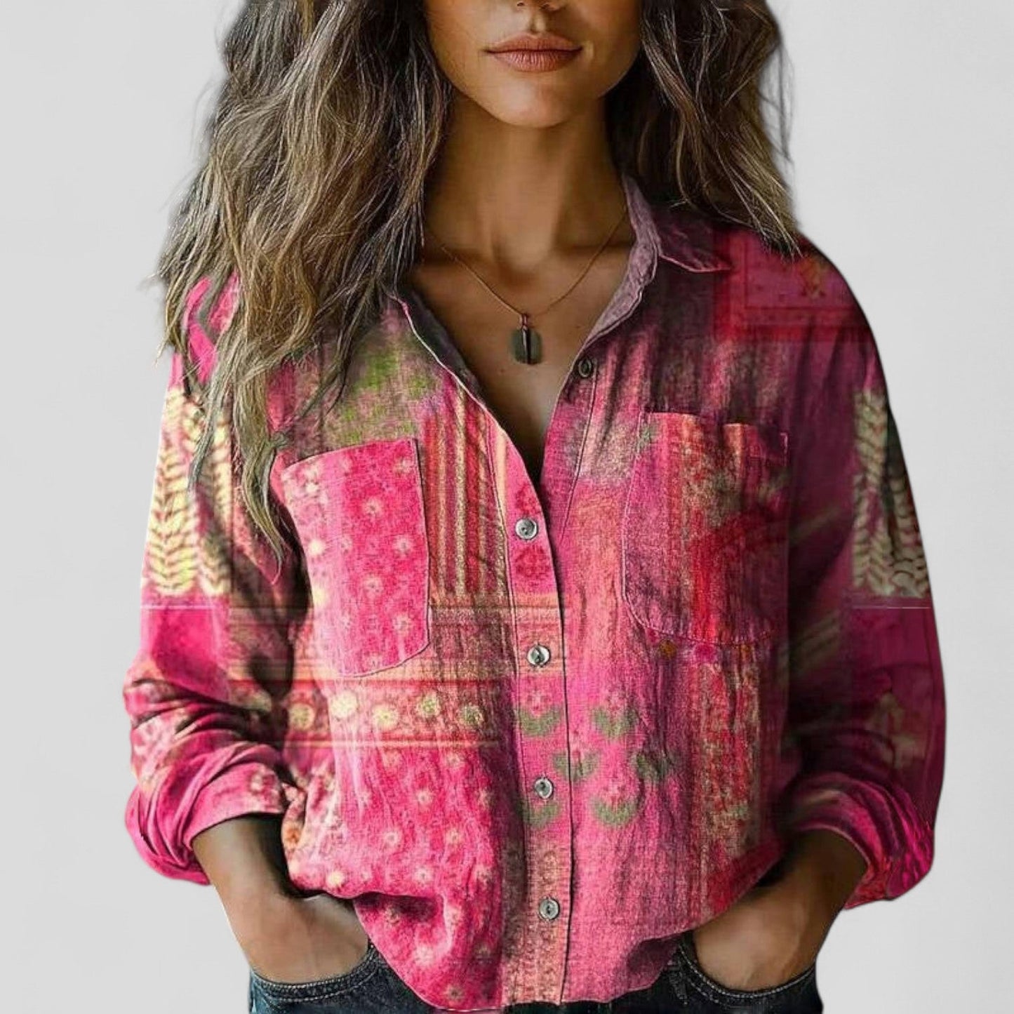 Lorenhilde | Colorblock Floral Long Sleeve Button Down Boho Blouse