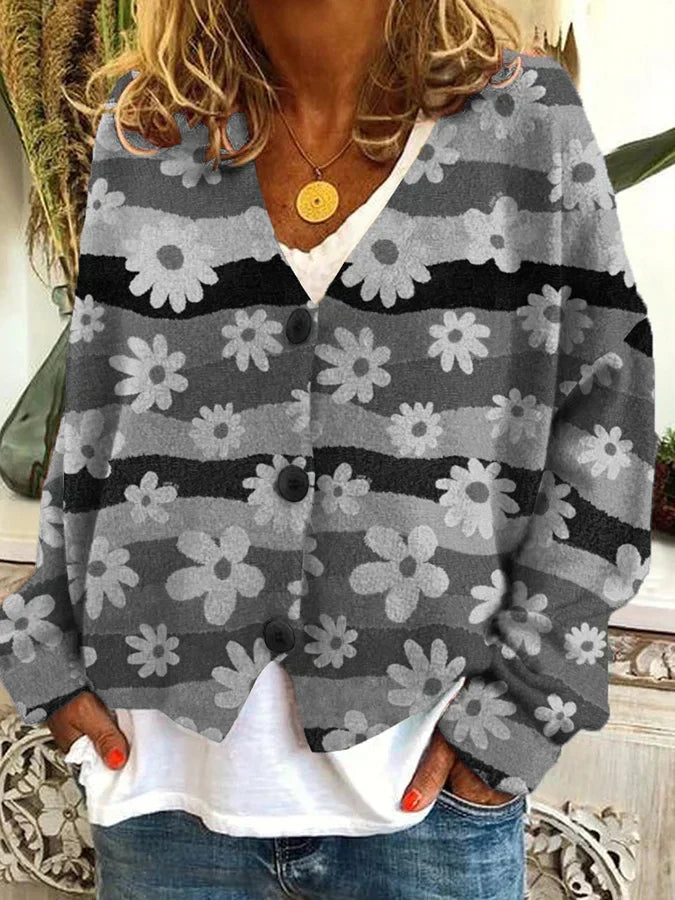 Petra | Women's Vintage-Inspired Floral Striped Button-Up Cardigan