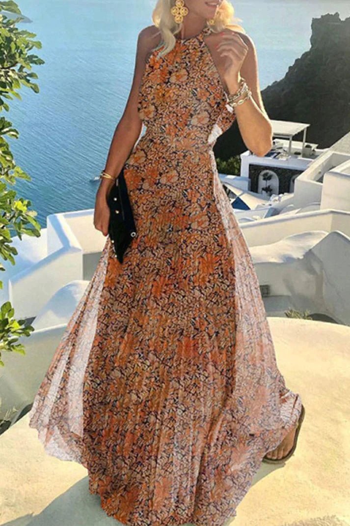Mia | Polka Dot Halter Neck Backless Pleated Boho Maxi Dress
