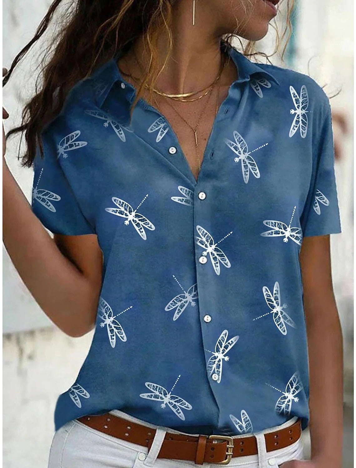 Daisy | Printed Lapel Collar Short Sleeve Relaxed Casual Blouse