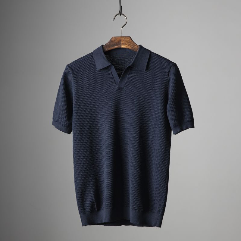 Blake | Textured Knit Open Collar Short Sleeve Slim Fit Polo Shirt