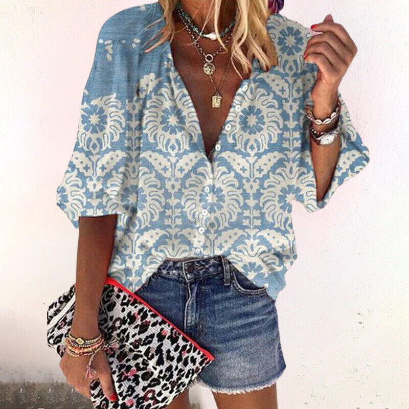 Isla | Boho Floral Print V Neck Button Down Long Sleeve Blouse