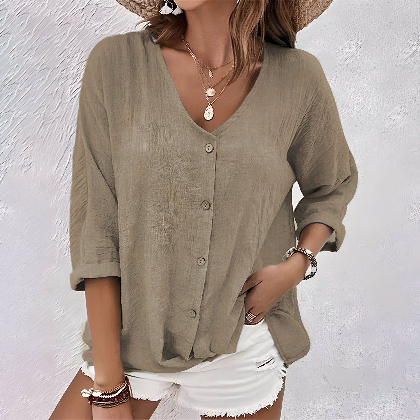 Marcia | V Neck Button Down 3/4 Sleeve Relaxed Casual Blouse