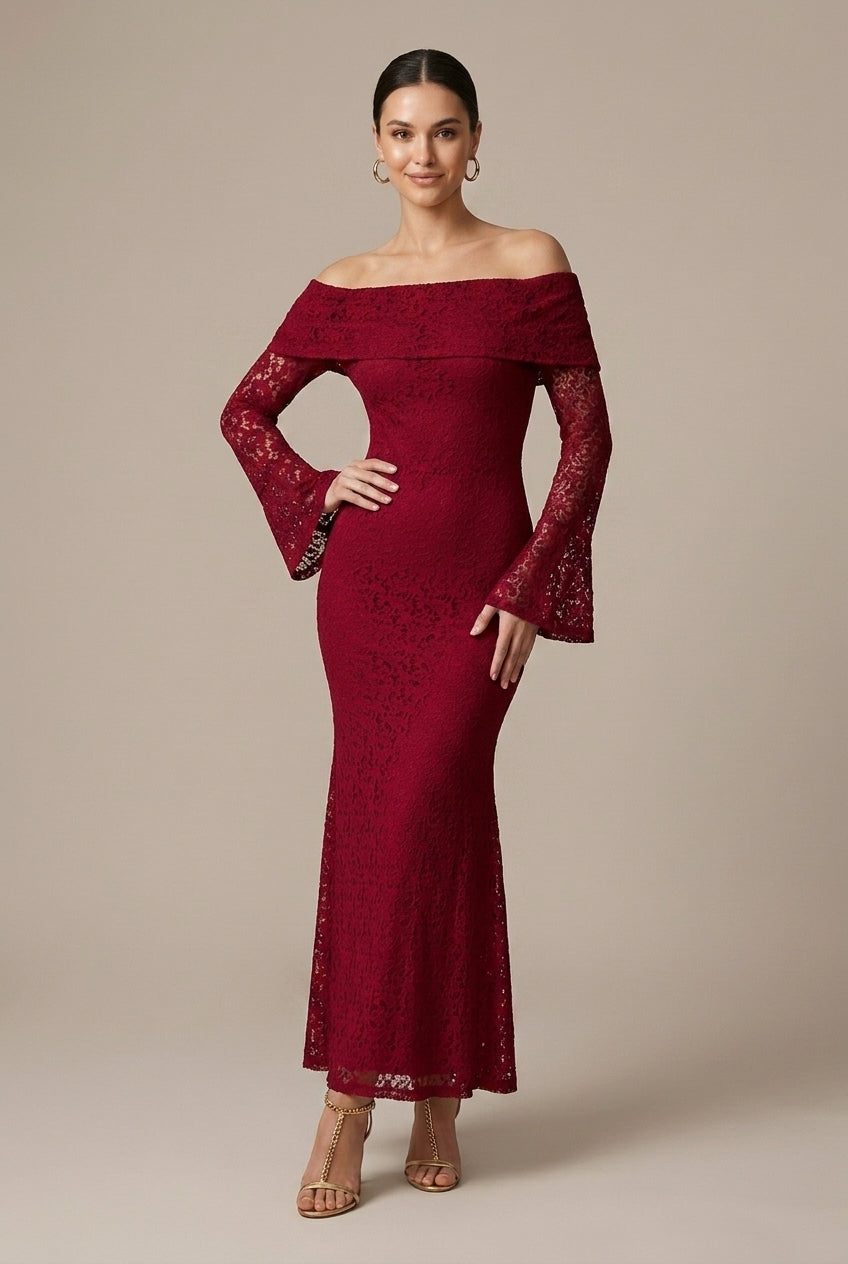 Luna | Lace Off Shoulder Bell Sleeve Maxi Wedding Guest Dress