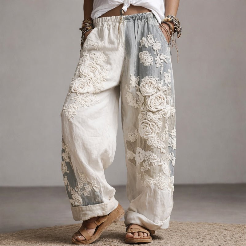 Rosie | Floral Embroidered Elastic Waist Wide Leg Casual Pants
