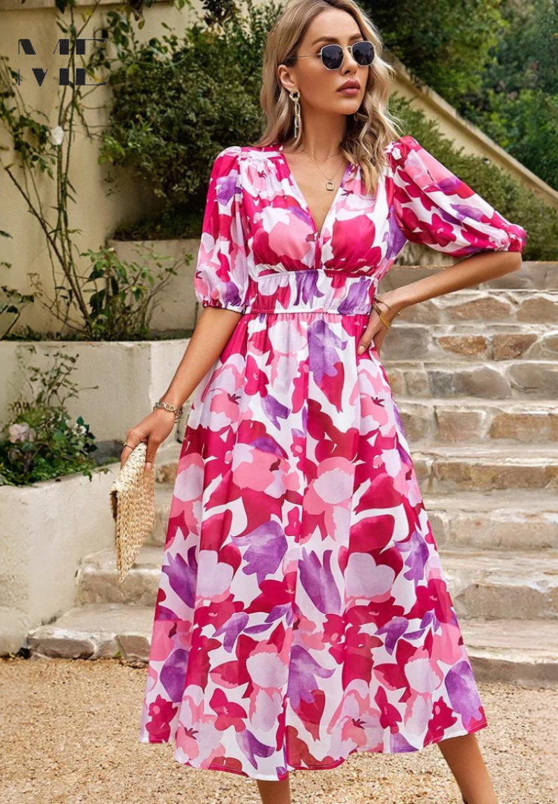 Jasmine | Floral V Neck Puff Sleeve Flowing Midi Wedding Guest Dress
