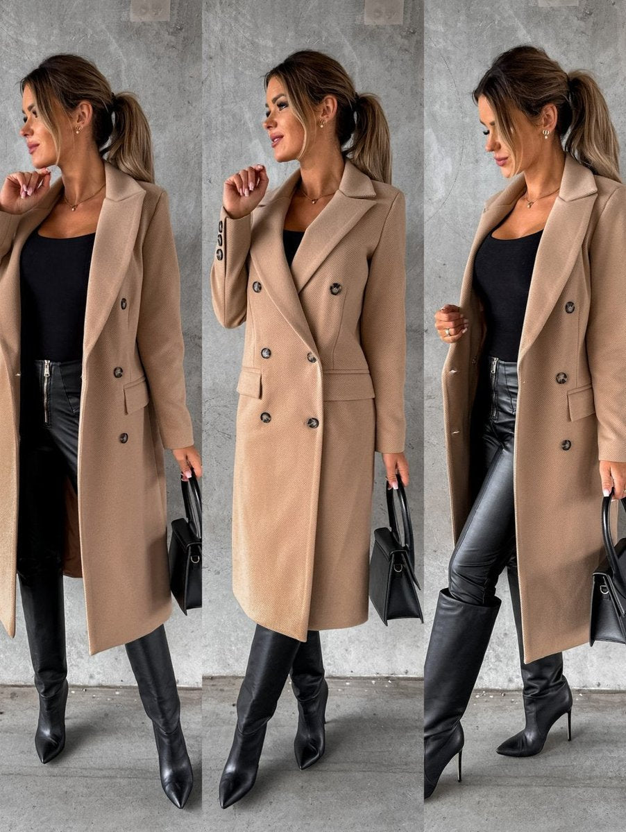 Elowra | Women's Double-Breasted Tailored Long-Sleeve Midi Overcoat
