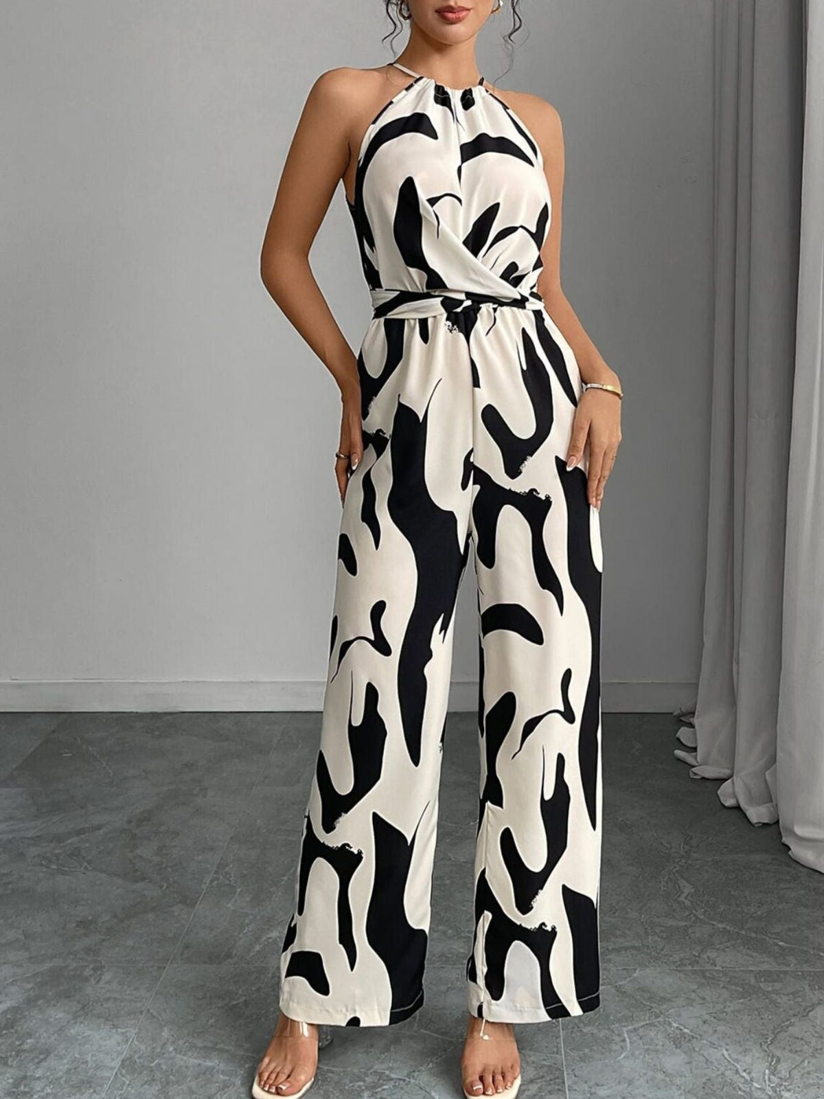 Marlowe | Women's Halter Neck Abstract Print Wide Leg Jumpsuit