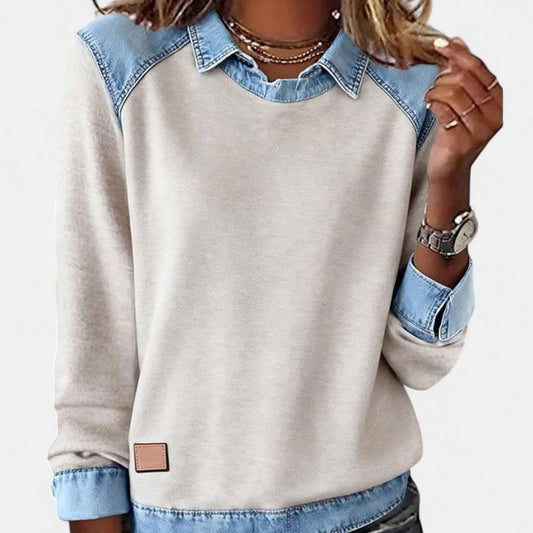 Denby | Women's Denim Trim Collared Colorblock Long Sleeve Sweatshirt