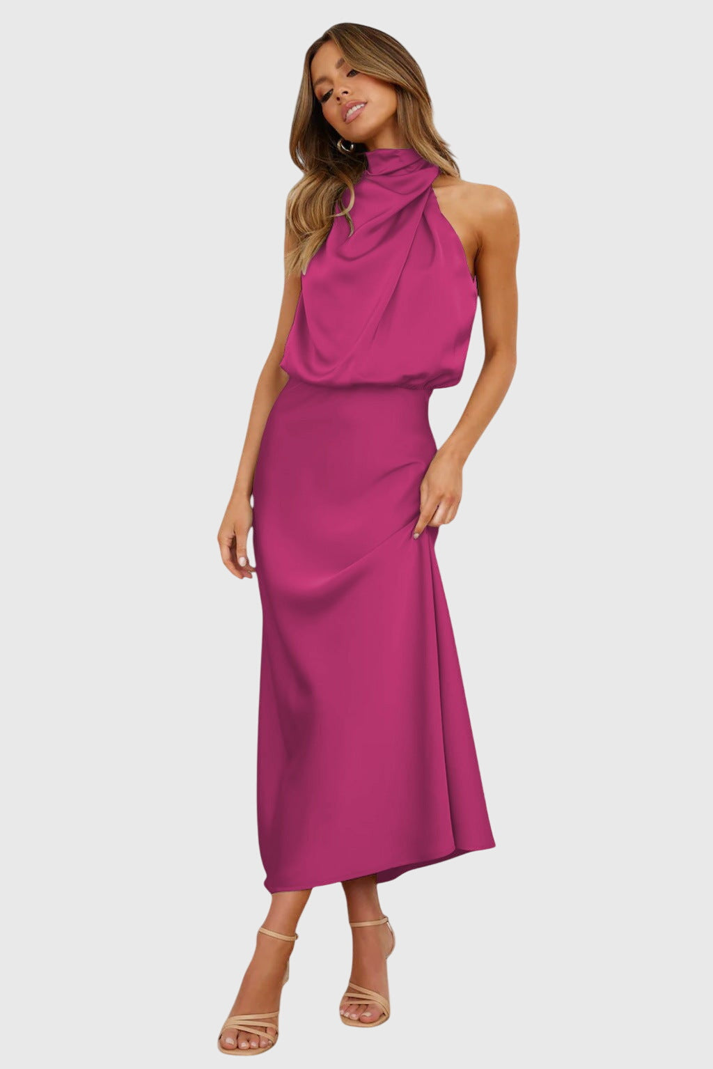 Ava | Draped High Neck Halter Sleeveless Satin Elegant Maxi Dress