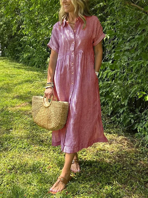 Brooke | Striped Button Up Collared Short Sleeve Casual Summer Midi Dress