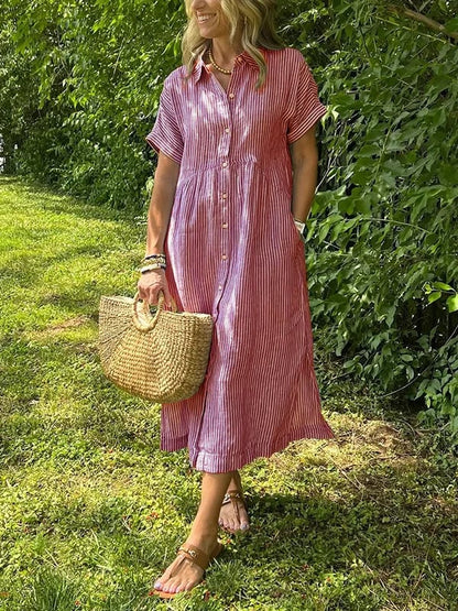Brooke | Striped Button Up Collared Short Sleeve Casual Summer Midi Dress
