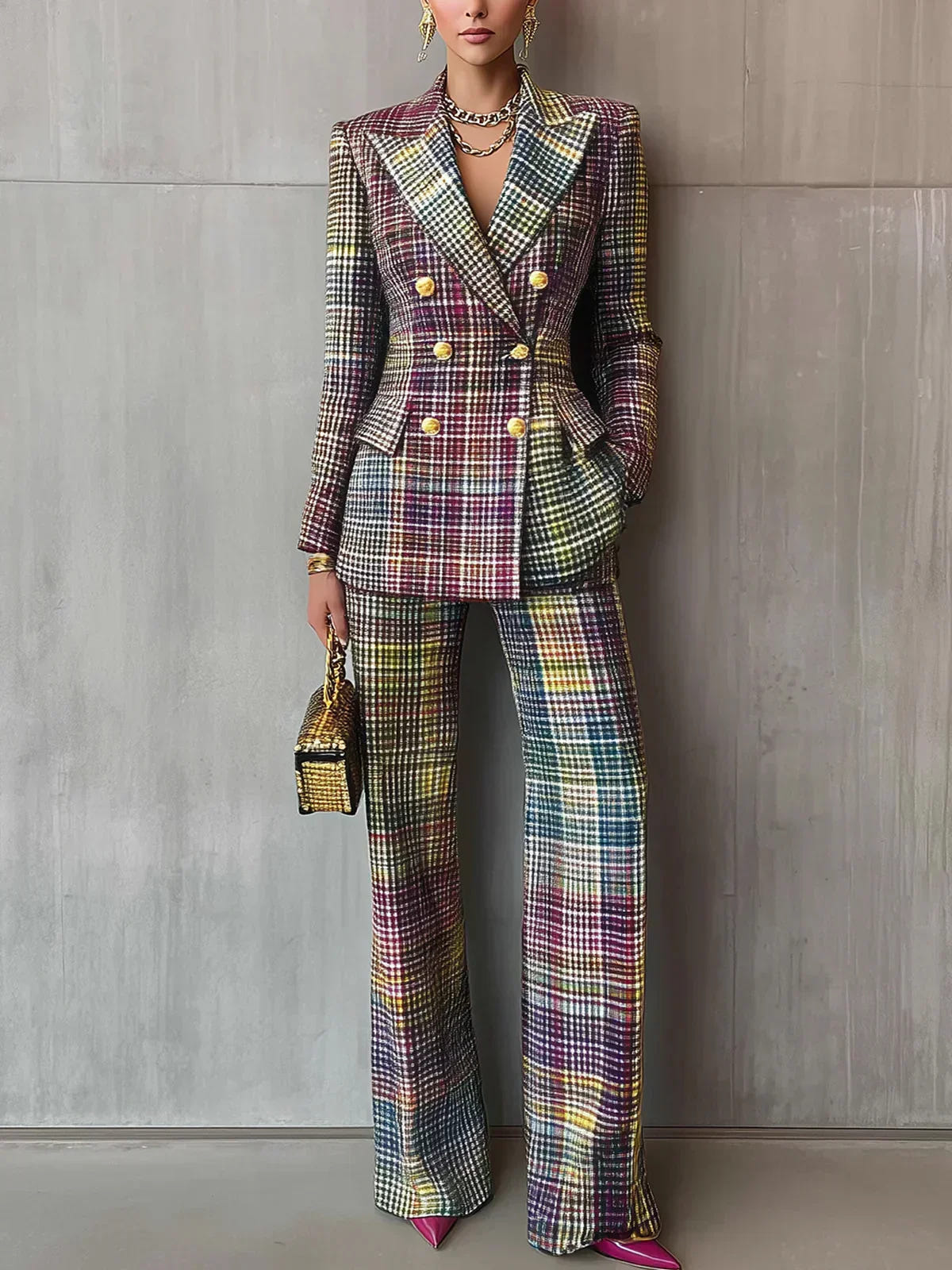 Sophia | Women's Plaid Double Breasted Tailored Blazer Suit