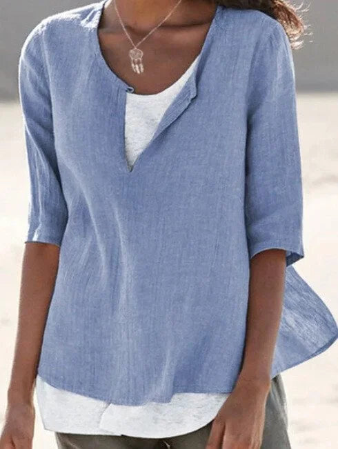 Maya | Split Neck 3/4 Sleeve Layered Hem Linen Blend Casual Top