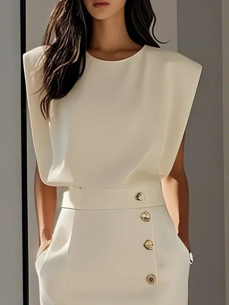 Quinn | Sleeveless Structured Shoulder Button Detail Fitted Midi Elegant Dress
