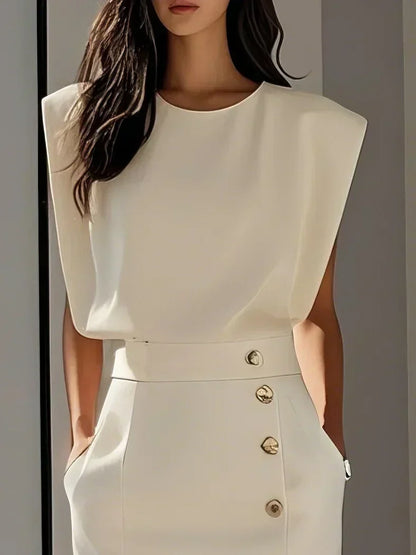 Quinn | Sleeveless Structured Shoulder Button Detail Fitted Midi Elegant Dress