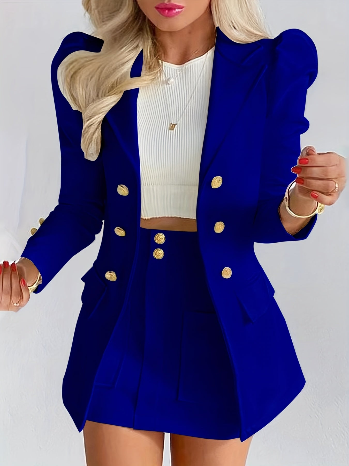 Elodie | Women's Tailored Puff Sleeve Double Breasted Blazer Skirt Set