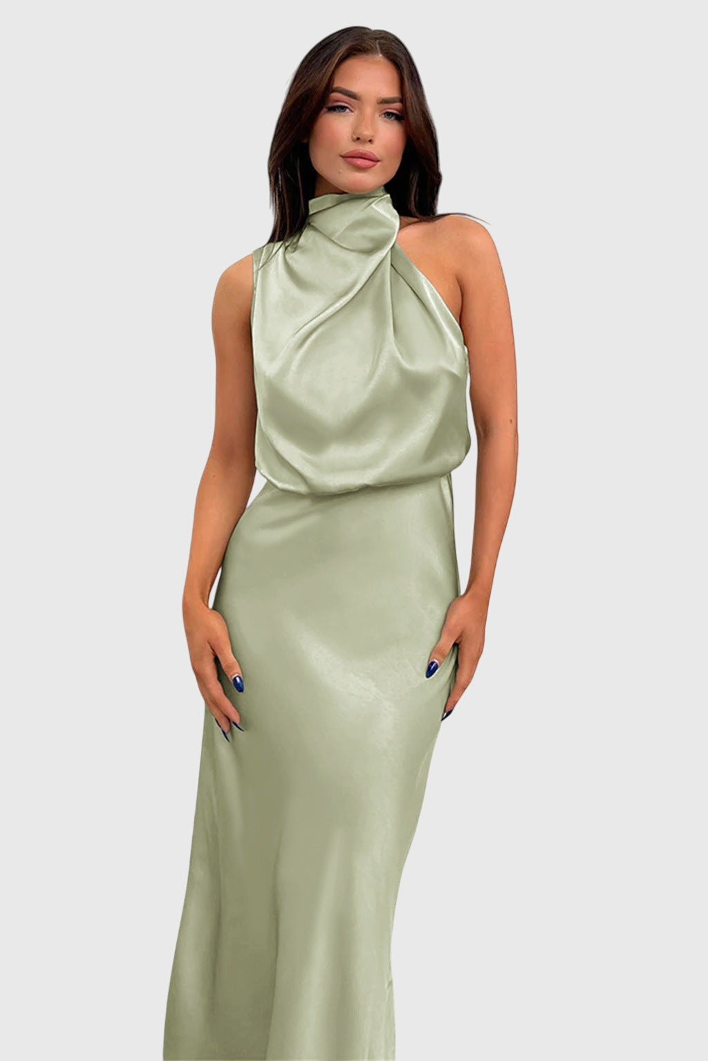 Ava | Draped High Neck Halter Sleeveless Satin Elegant Maxi Dress