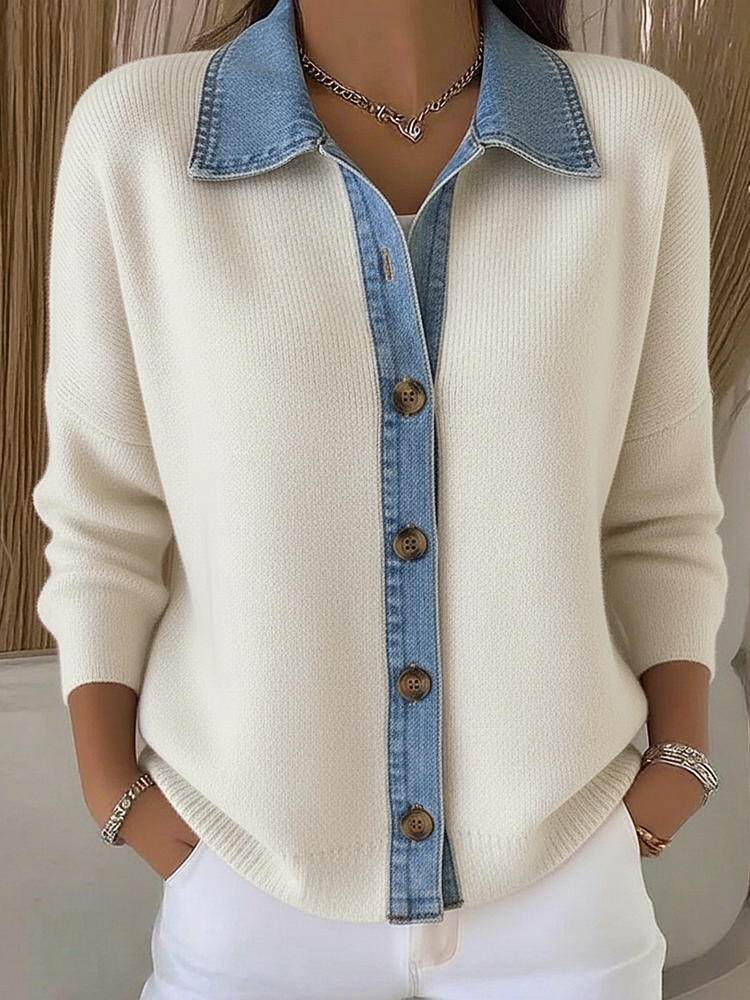 Marlise | Women's Polo Collar Denim Trim Knit Cardigan