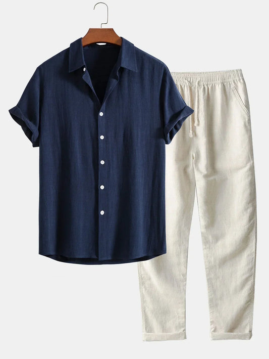 Steven | Men's Linen Short Sleeve Shirt Wide Leg Pants Two Piece Set