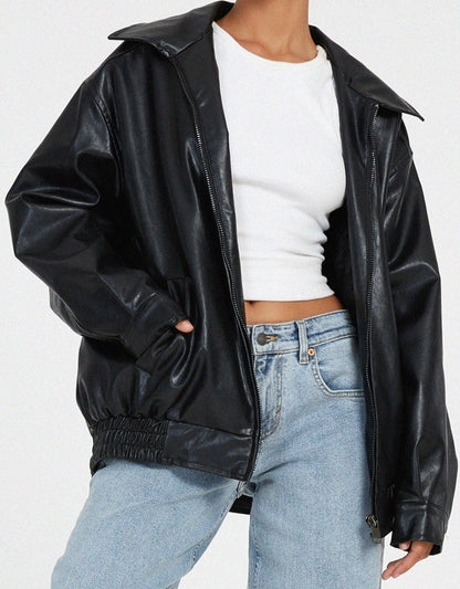 Sophia | Women's Oversized Faux Leather Bomber Jacket