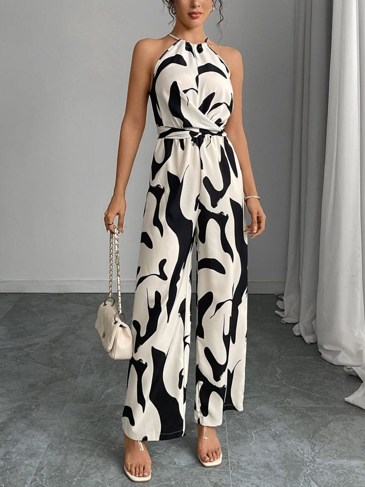 Marlowe | Women's Halter Neck Abstract Print Wide Leg Jumpsuit