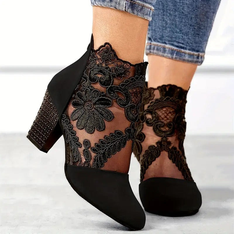 Vivienne | Women's Floral Lace Block Heel Ankle Boot
