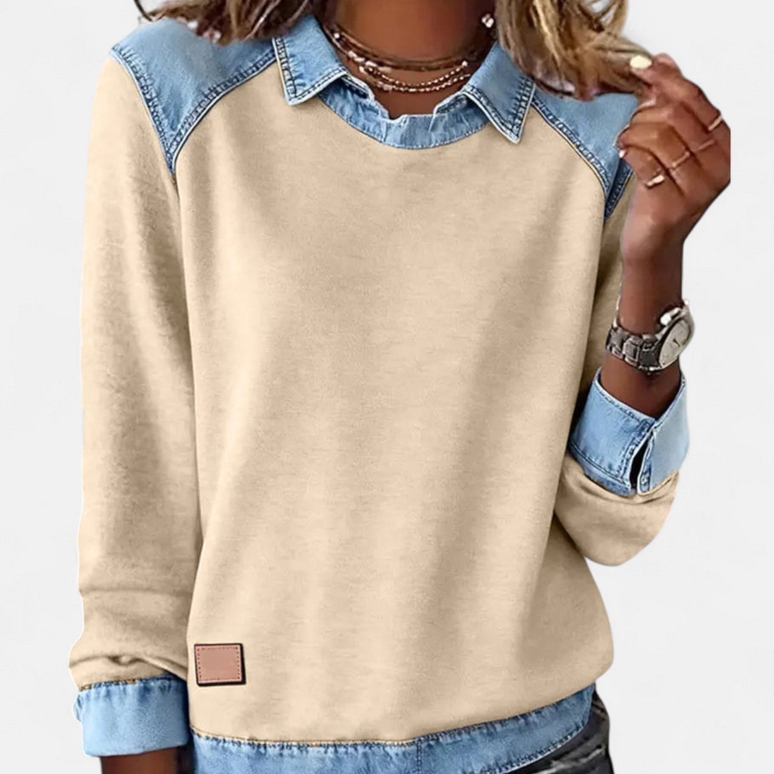 Denby | Women's Denim Trim Collared Colorblock Long Sleeve Sweatshirt