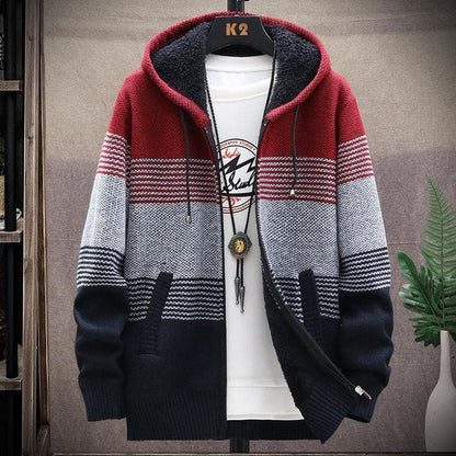 Everen | Men's Knitted Hooded Striped Fleece-Lined Cardigan
