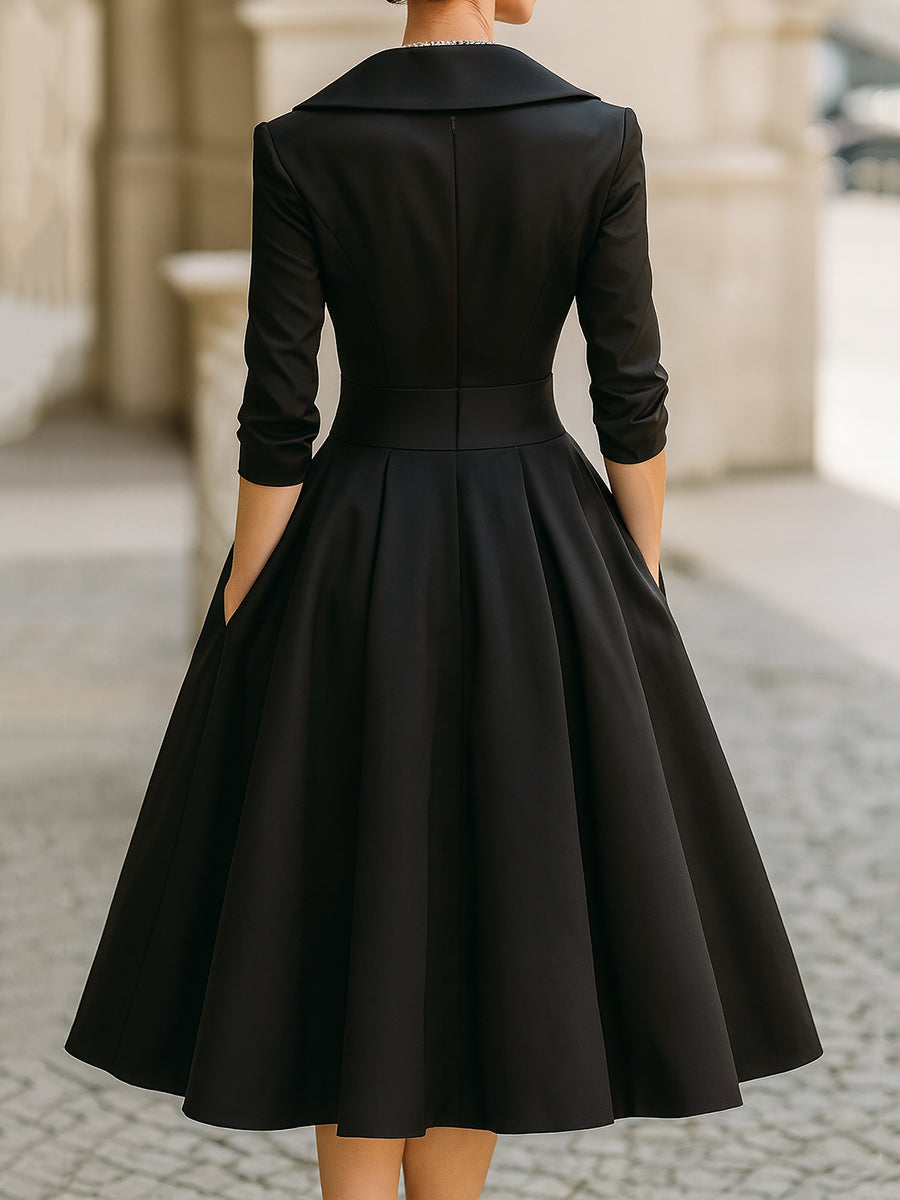 Reece | Satin Wrap Collar V Neck A-Line Midi Elegant Wedding Guest Dress