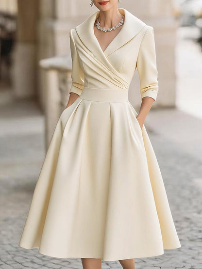 Reece | Satin Wrap Collar V Neck A-Line Midi Elegant Wedding Guest Dress